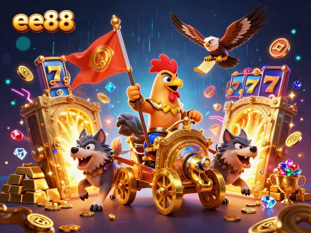 Experience thrilling wins at ee88 with a dynamic 3D casino themed illustration.