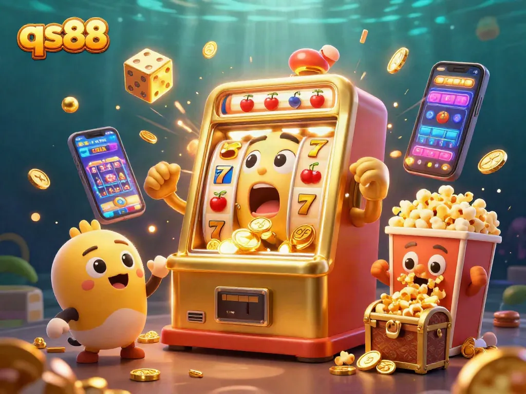 Win big at qs88 with cheerful slot machines celebrating a jackpot in a vibrant casino scene.