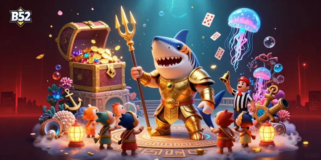 Engage in thrilling underwater action with the fierce B52 tiger shark in a dynamic gambling scene filled with treasures.