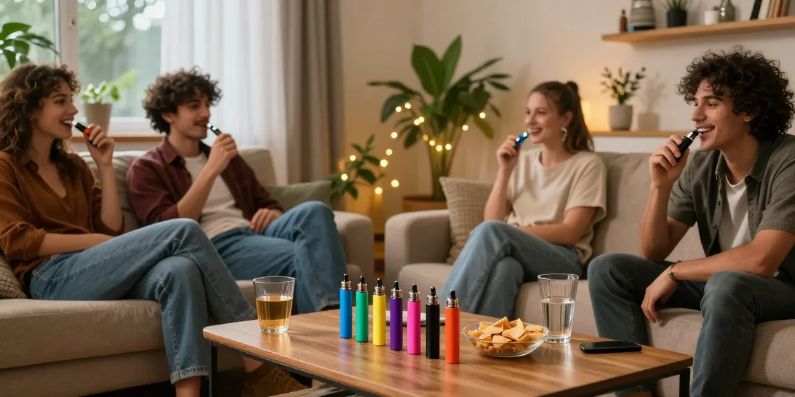 Friends enjoying weed vapes in a cozy living room setting, relaxed atmosphere and vibrant vape pens.