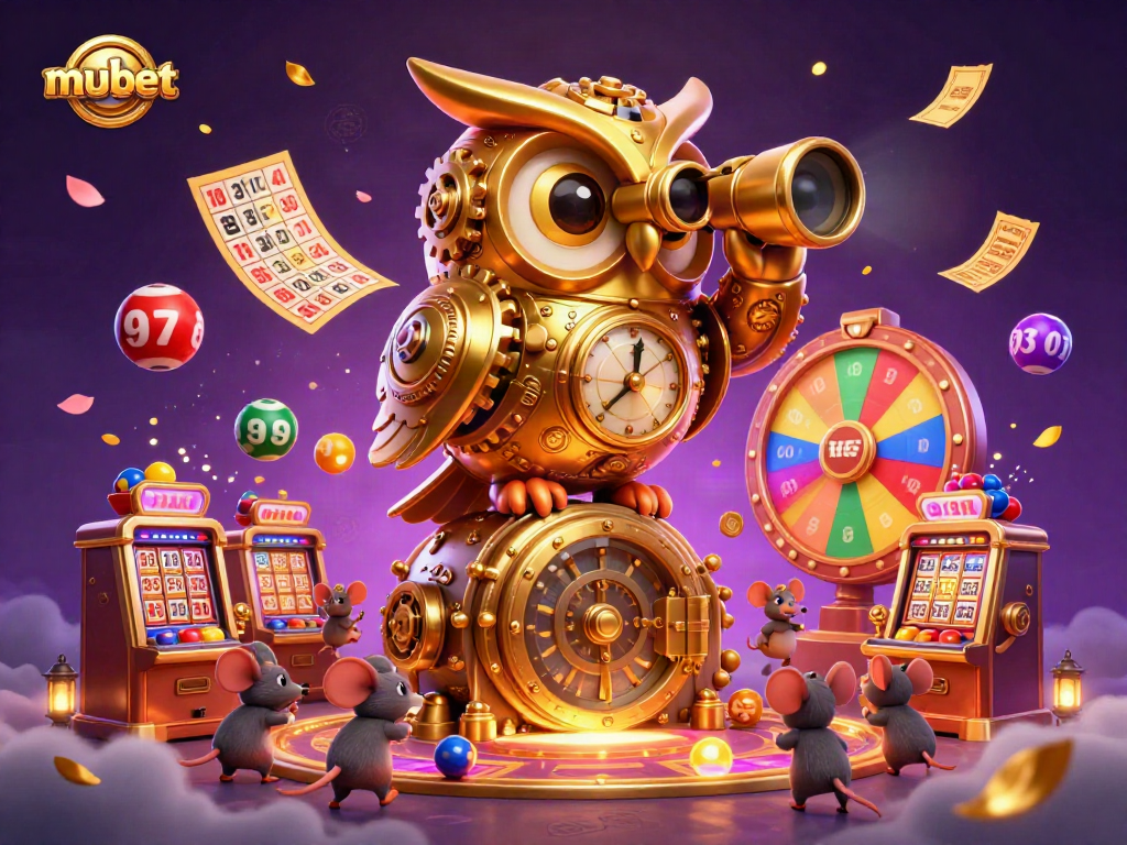 Experience vibrant gaming at mubet with a whimsical clockwork owl overseeing a lively casino scene.