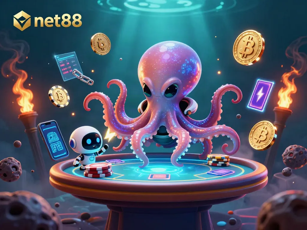 Experience thrilling poker with net88 in a vibrant 3D alien casino setting.