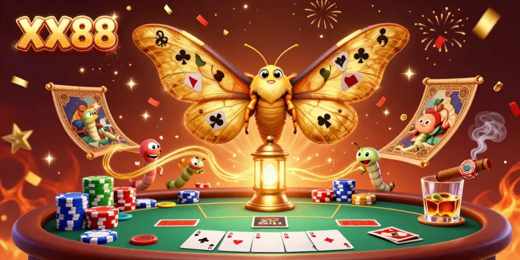 Experience excitement with the majestic XX88 atlas moth and golden lantern surrounded by vibrant casino elements.