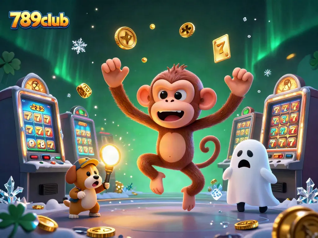 Experience the excitement of 789club with a whimsical illustration of a playful monkey juggling casino treasures.