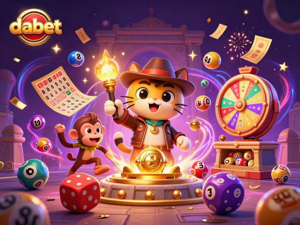 Experience the thrill of dabet's casino with a vibrant scene of a cat explorer and monkey companion uncovering treasures.