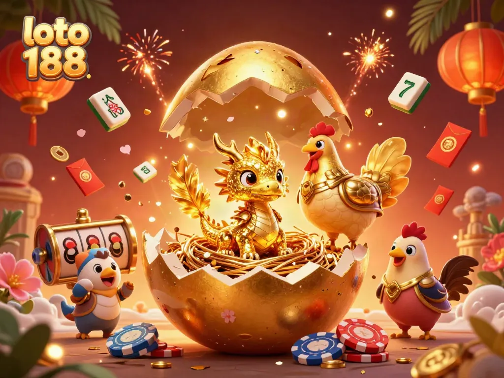 Engage with loto 188 through a vibrant 3D scene featuring a golden dragon and dynamic casino elements.