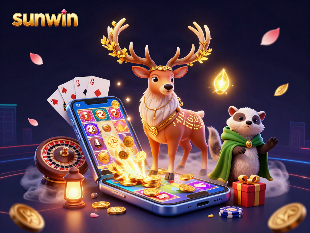 Experience the thrill of sunwin with an immersive 3D casino illustration featuring playful characters and game excitement.