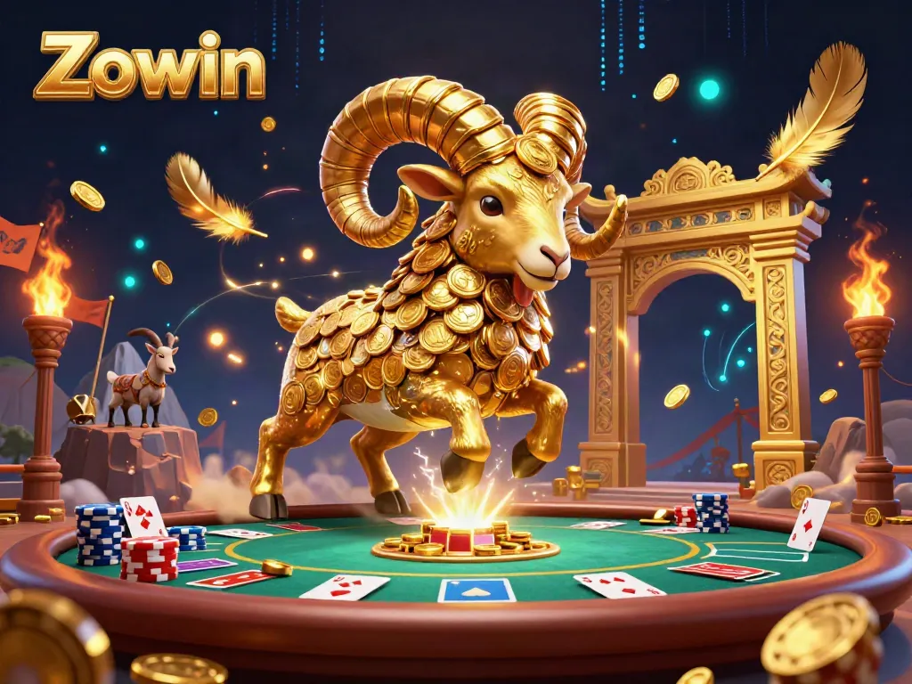 Zowin's vibrant 3D cartoon scene features a golden ram charging at a poker table with glowing coins and cards.