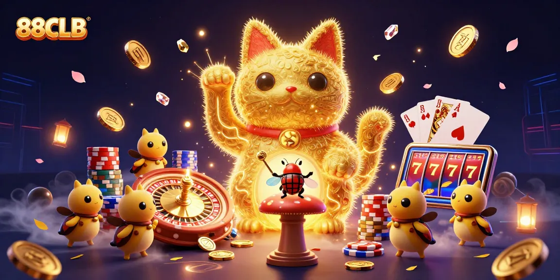 Experience the thrill of 88CLB with a stunning casino scene featuring lucky symbols and vibrant gaming elements.