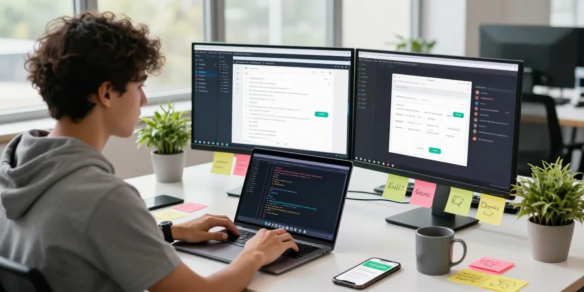 Innovative workspace with developer coding WhatsApp下載 apps on dual monitors.