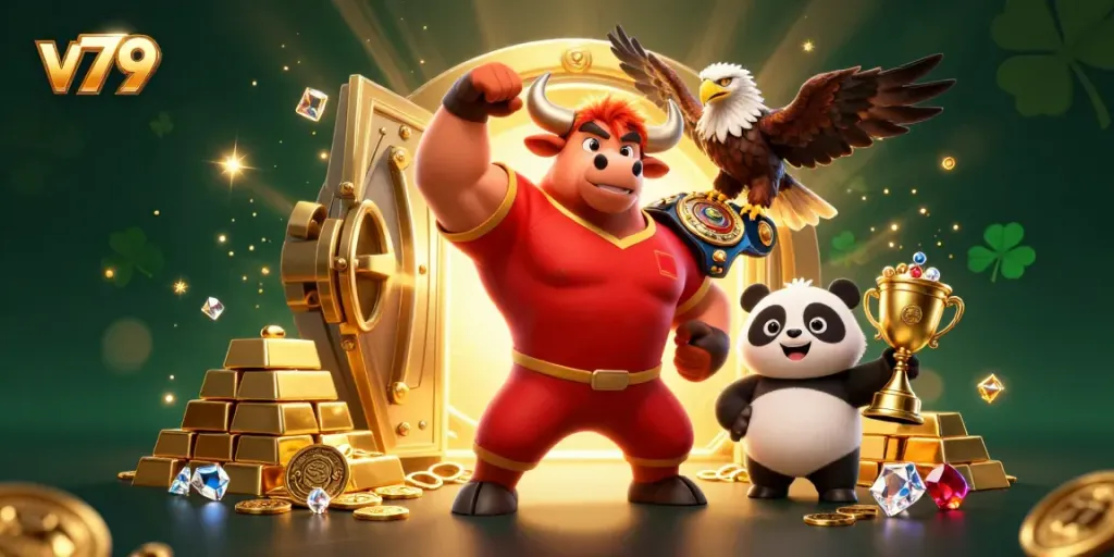 Experience thrilling wins with v79 in a vibrant casino scene featuring champions and treasures.