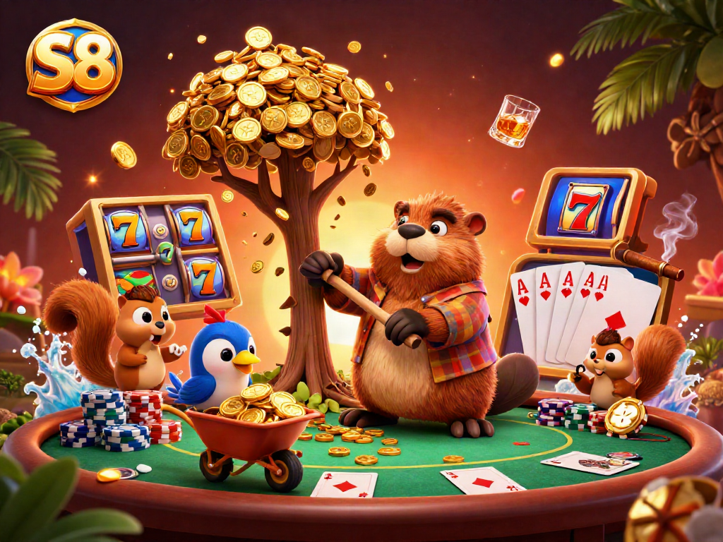 Collect coins with S8 in a vibrant casino scene featuring characters and slot elements.