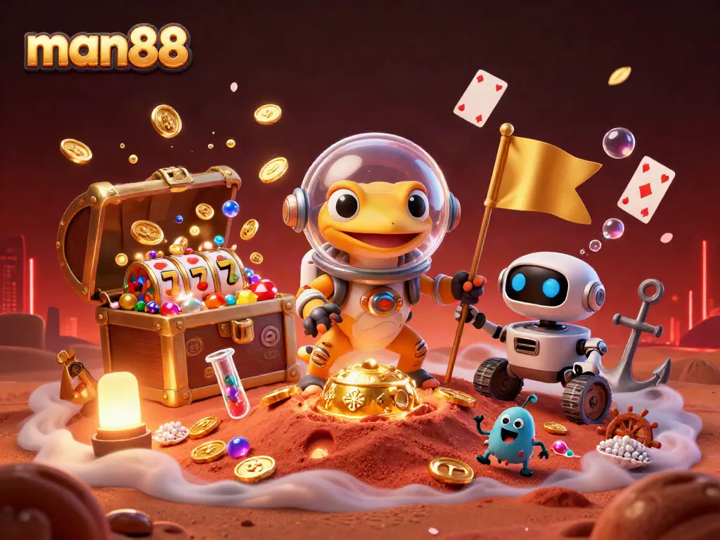 Win big at man88 with a Martian gecko uncovering a golden casino, packed with vibrant gaming elements.