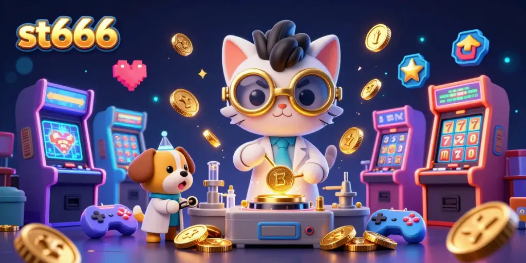 Win big with st666 in this vibrant and dynamic 3D gambling illustration featuring colorful slot machines and a mad scientist cat.