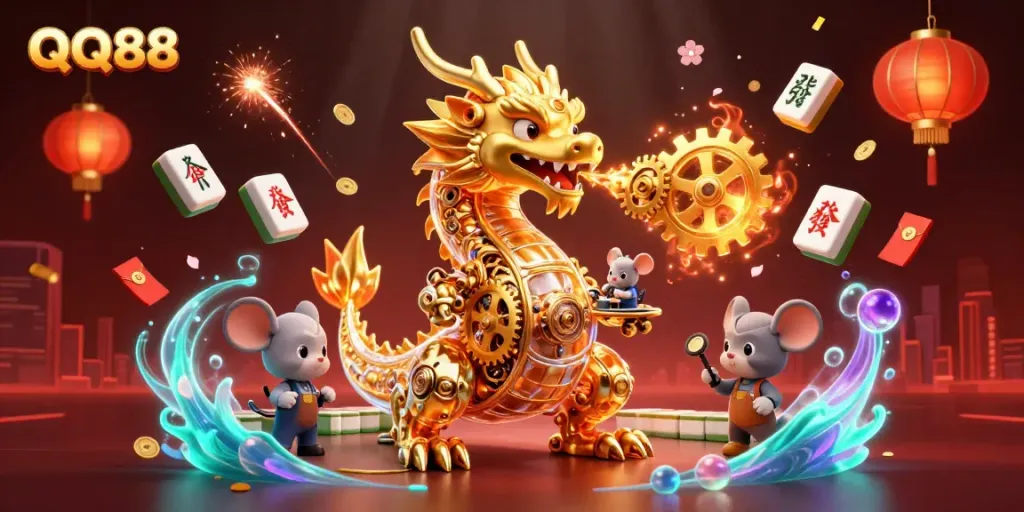 Engage with QQ88's vibrant gaming world featuring a golden dragon, mahjong tiles, and festive elements.