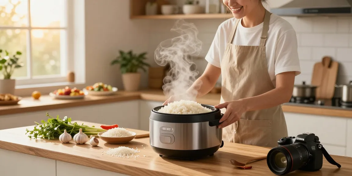 Cooking rice in a modern Rice Cooker in a cozy kitchen filled with fresh ingredients.