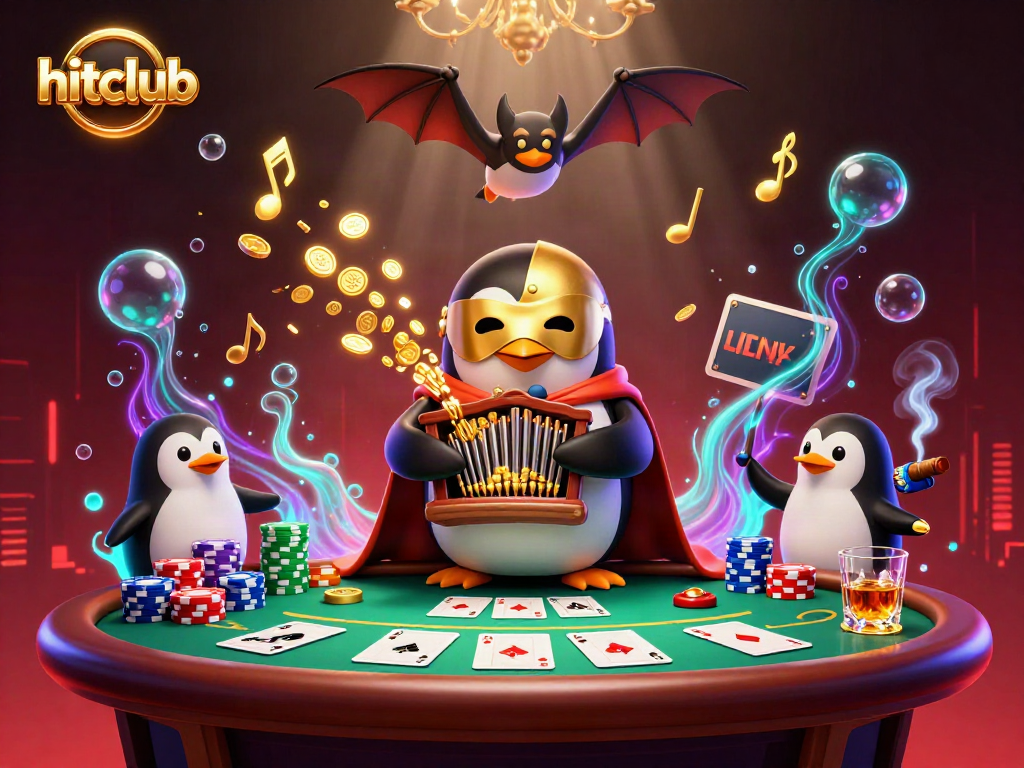 Join the hitclub as a phantom penguin delights with golden coin tunes at a lively poker scene.