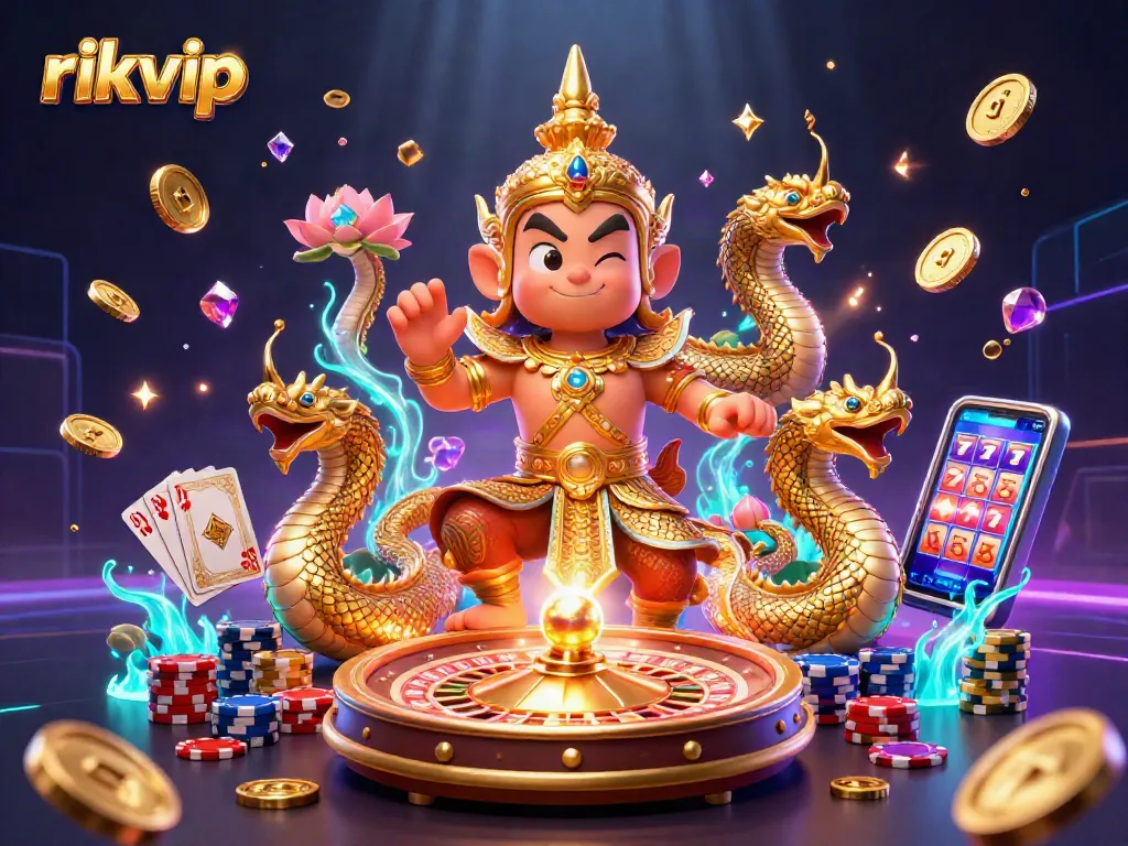 Engage with rikvip's heated gameplay featuring golden coins, cards, and exciting casino concepts.