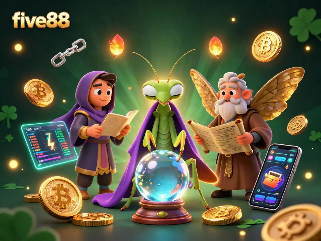 Win big with five88 in this vibrant 3D illustration featuring magical creatures and crypto elements.