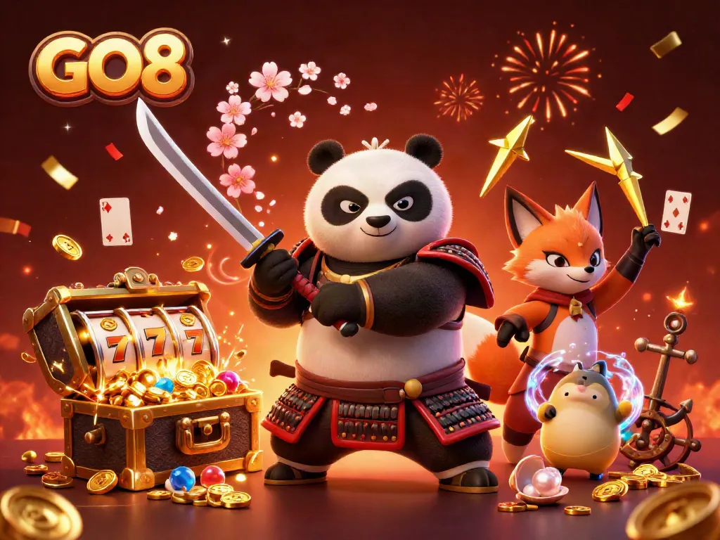 Exciting GO8 online casino game scene with samurai panda, ninja fox, and spirit tanuki amidst jackpot elements.