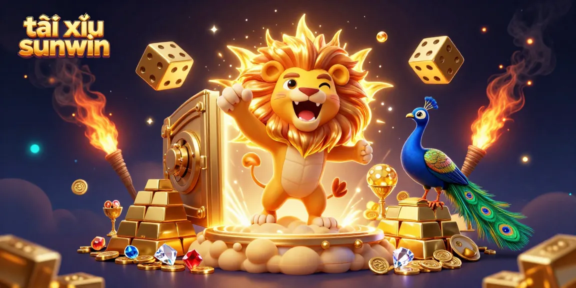 Experience tài xỉu sunwin excitement with a vibrant casino-themed illustration featuring golden elements and dynamic characters.