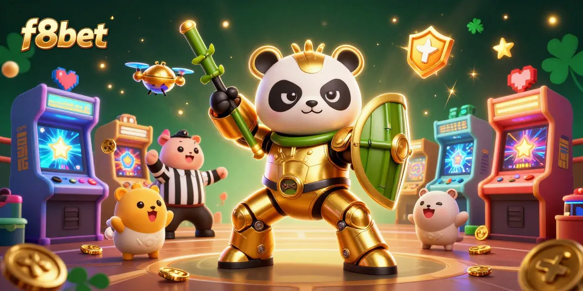 Engage with f8bet in a vibrant casino-like arena featuring arcade elements and a mech-suit panda.