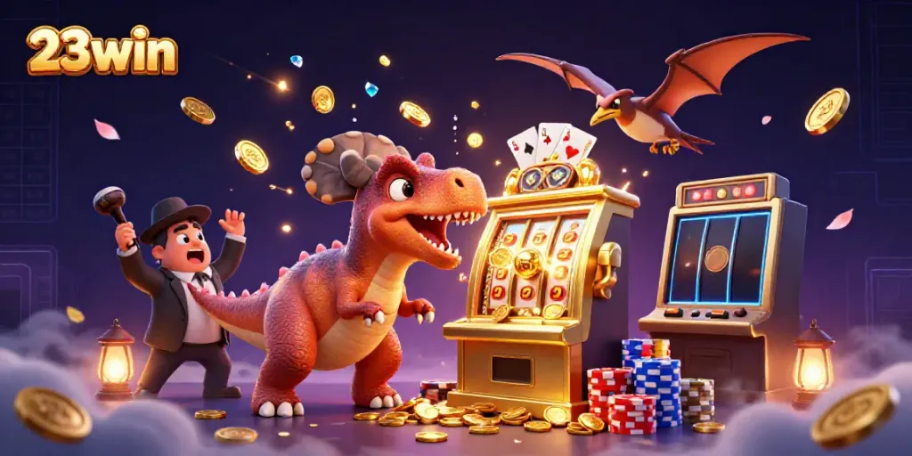 Experience excitement at 23win with a pachycephalosaurus winning jackpots at a slot machine amidst a vibrant casino.