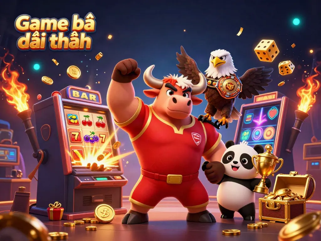 Experience thrilling Game bài đổi thưởng with a cartoon bull, eagle, and panda amidst explosive casino elements.