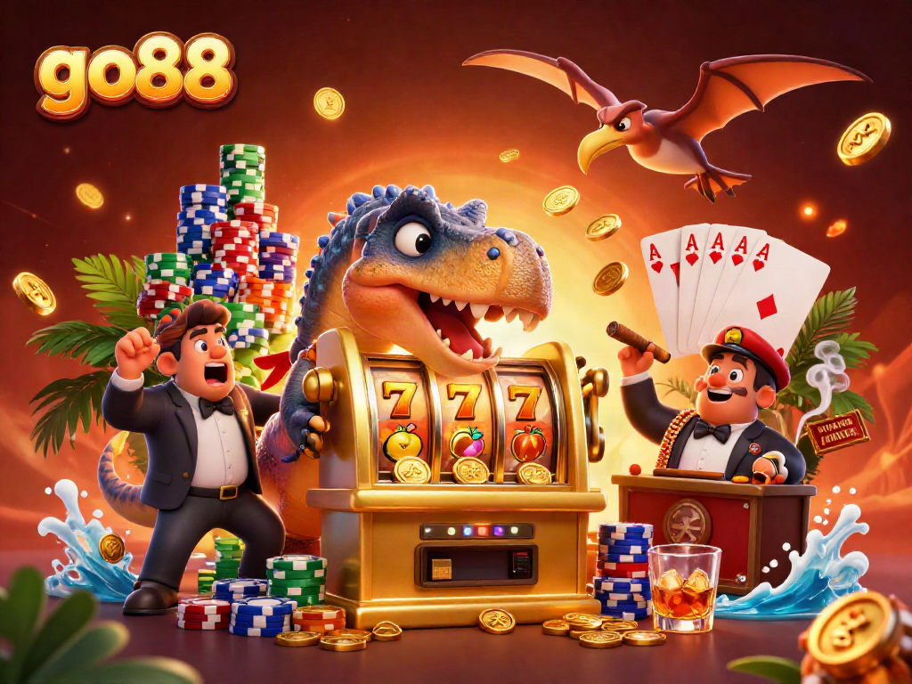 Go88 slot machine jackpot with pachycephalosaurus, loot, and rich casino elements