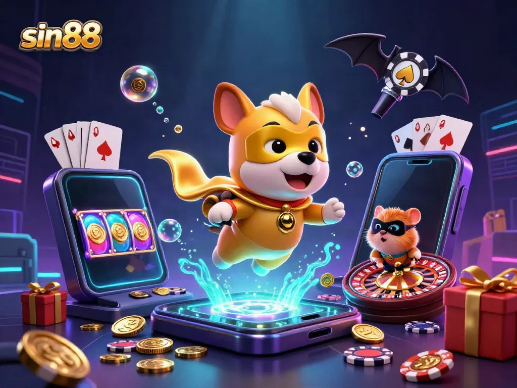 Experience the thrill of sin88 with a superhero dog and hamster amidst vibrant casino elements.