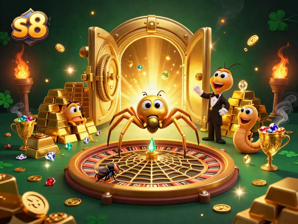 Engage in thrilling s8 betting at a roulette wheel web, featuring playful characters and rich casino treasures.