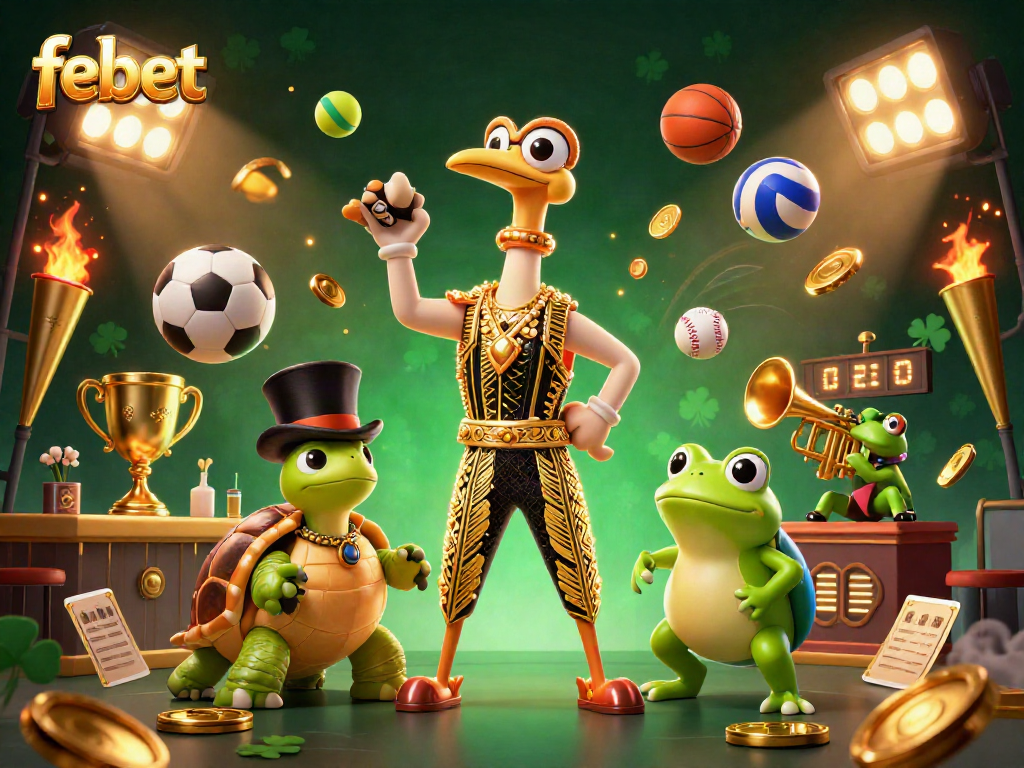 Experience thrilling action at febet with a vibrant 3D casino scene featuring cartoon characters and dynamic gaming elements.
