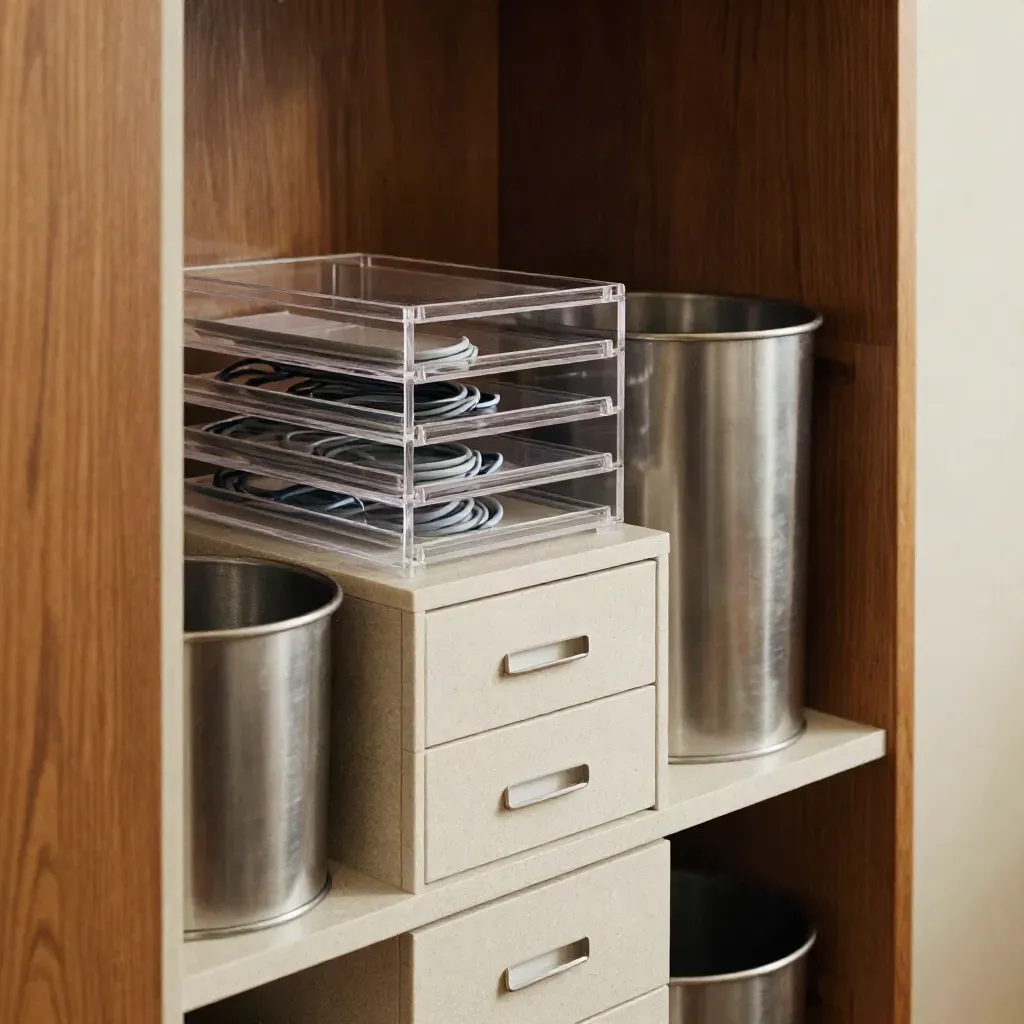 Back-office storage nook with acrylic trays, cable loops and brushed-steel bins in warm window light.