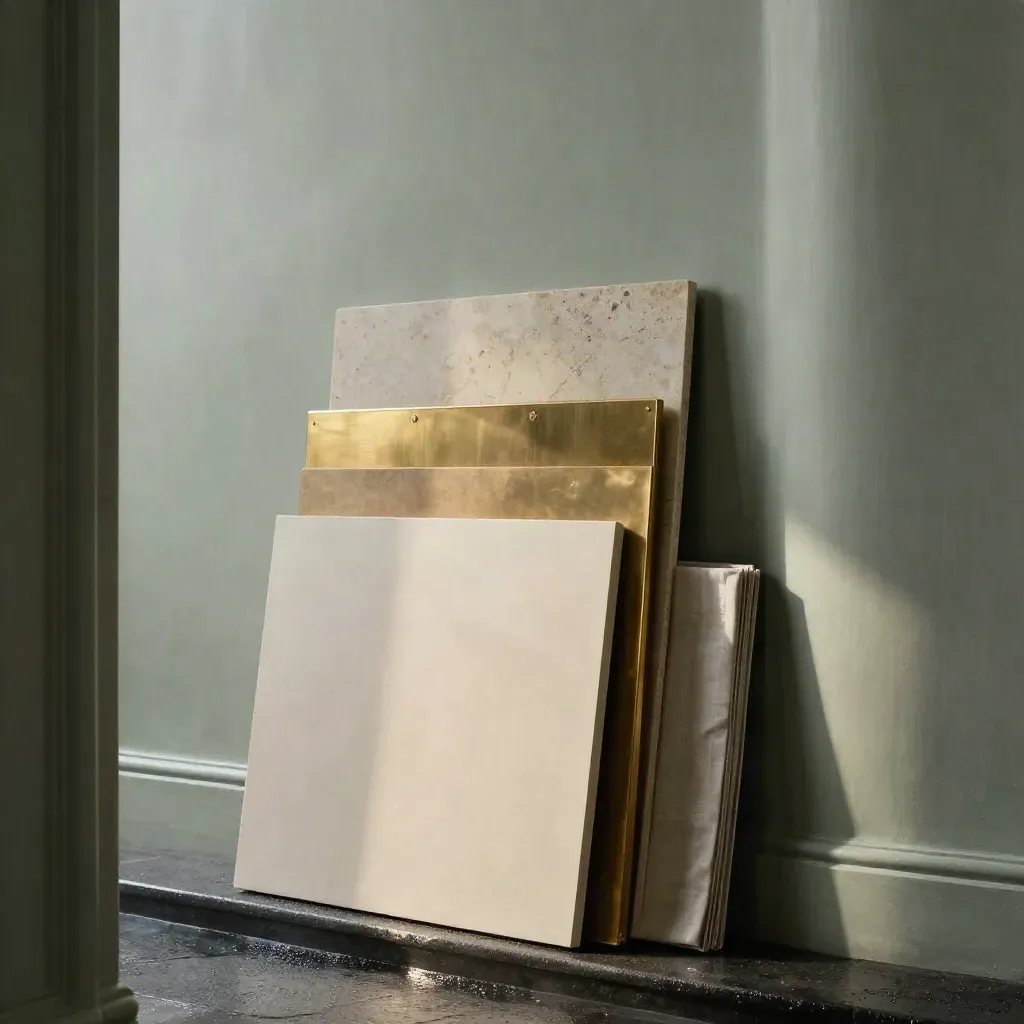 London advisory suite with ivory strategy boards, brass dividers and stone samples in dawn light.