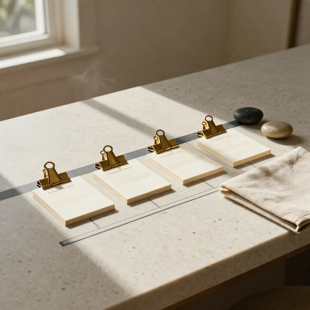 Overhead business planning cards with brass clips, stone weights and linen folder on travertine.