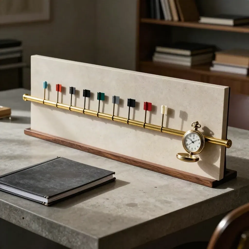 Brass project timeline rail with markers and pocket watch on stone board