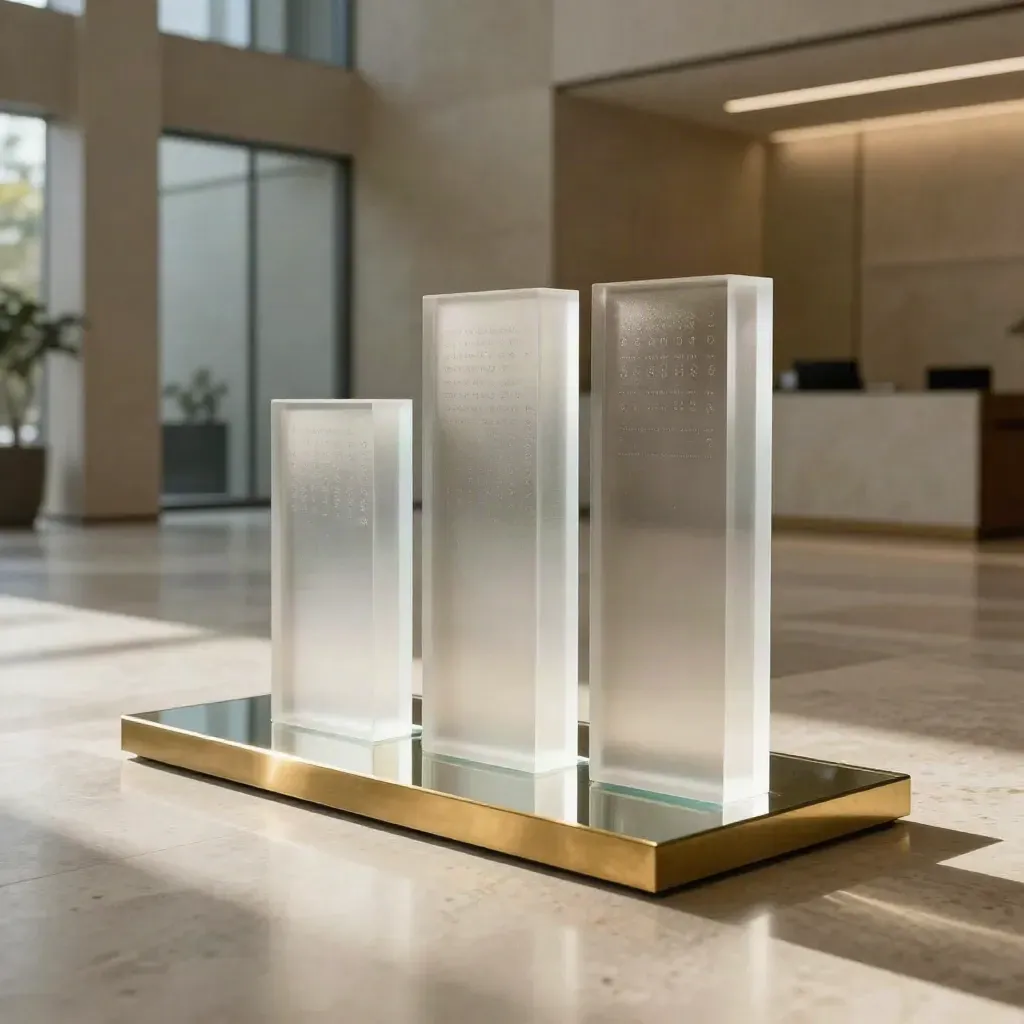 Tiered acrylic blocks and brass plinth in a sunlit tech lobby, low floor-level view