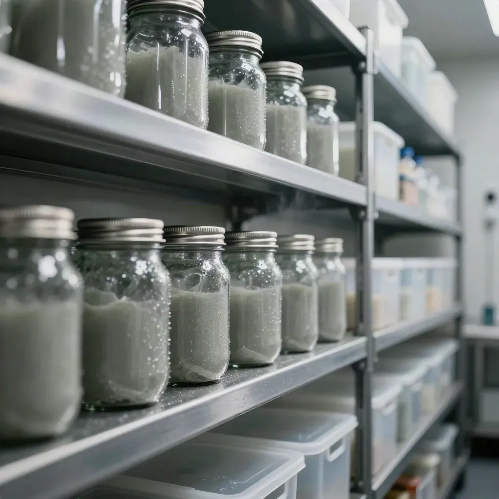 Stainless prep shelves with aligned jars, crates, and bins in a cool food ops room.