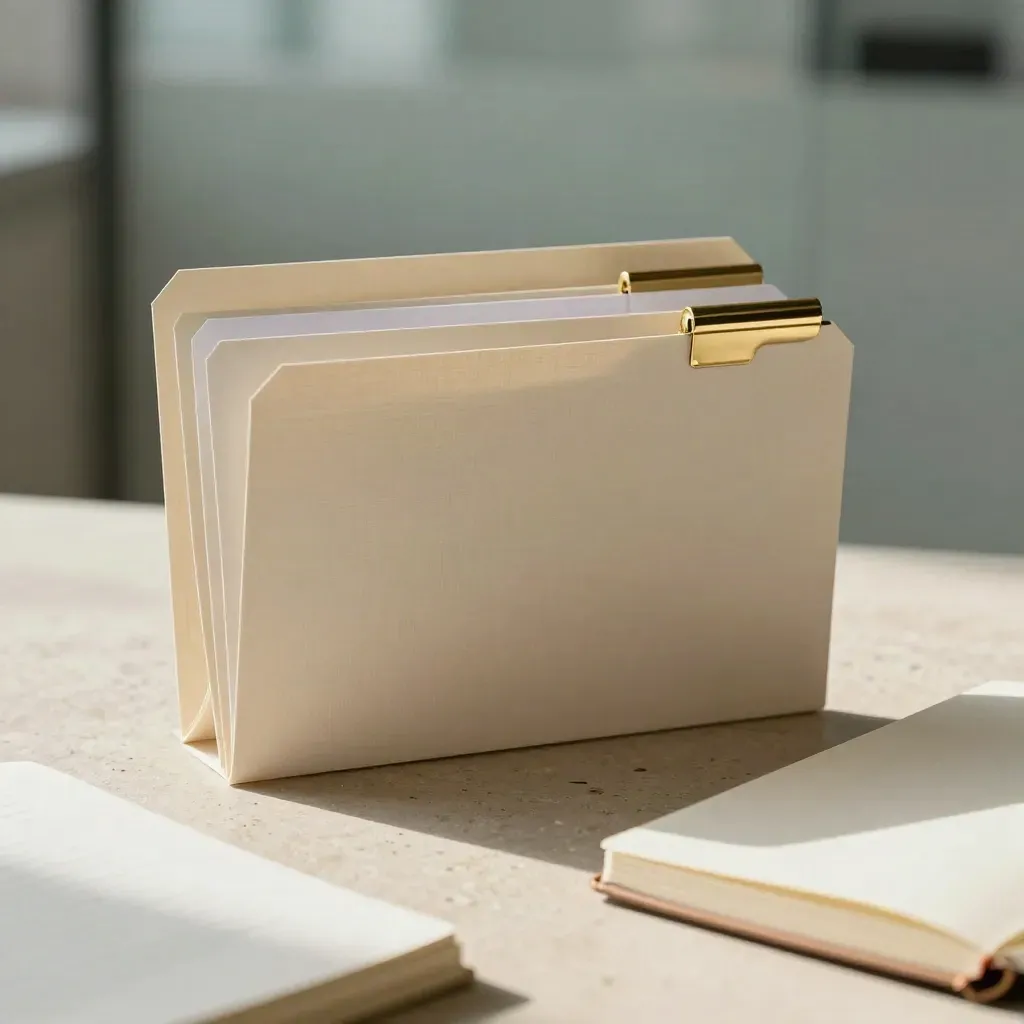 Top-down of tabbed folders, brass clip and closed notebook on limestone in morning light.