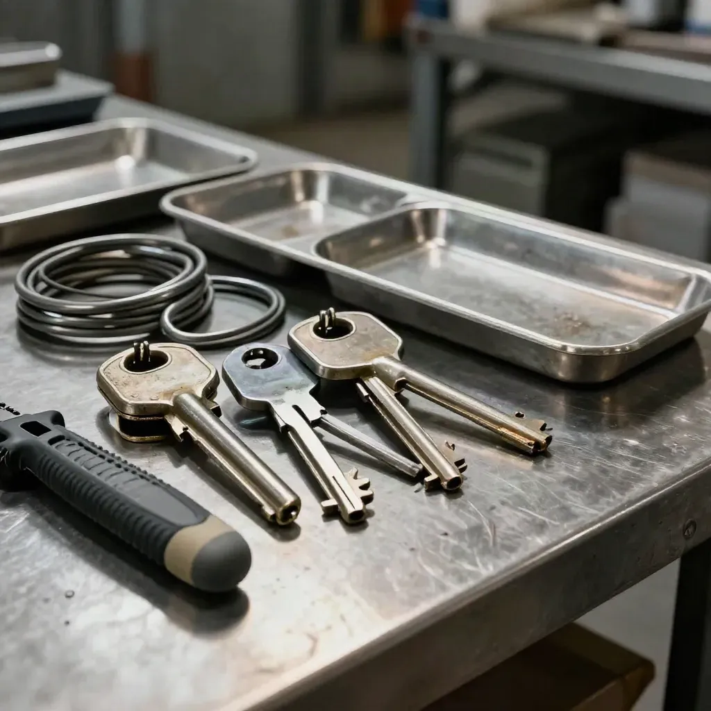 Close-up of trays, cable loops, steel keys and a utility knife on a brushed metal bench.