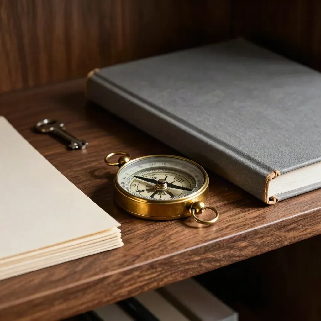 Brass compass, ivory swatches and a bound notebook on walnut in dramatic upper-left light.