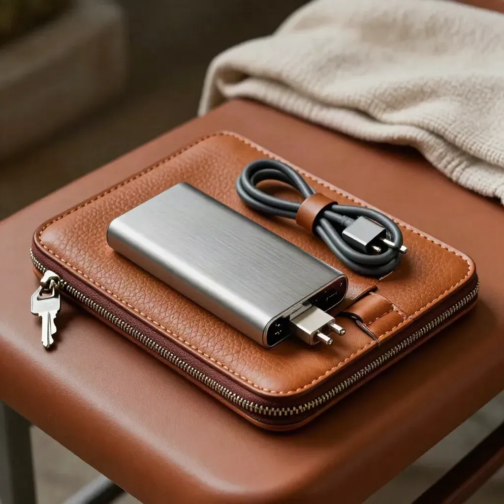 Zipped leather consultancy kit with cables, adapters and power bank on a terracotta bench.