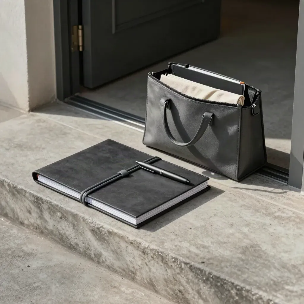 Consultancy kit with folders, notebook and pen on a stone tray by a doorway in hard morning light.