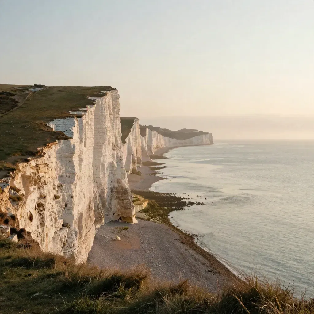 White Cliffs and calm sea in warm hazy sunset, wide coastal vista with copy space.
