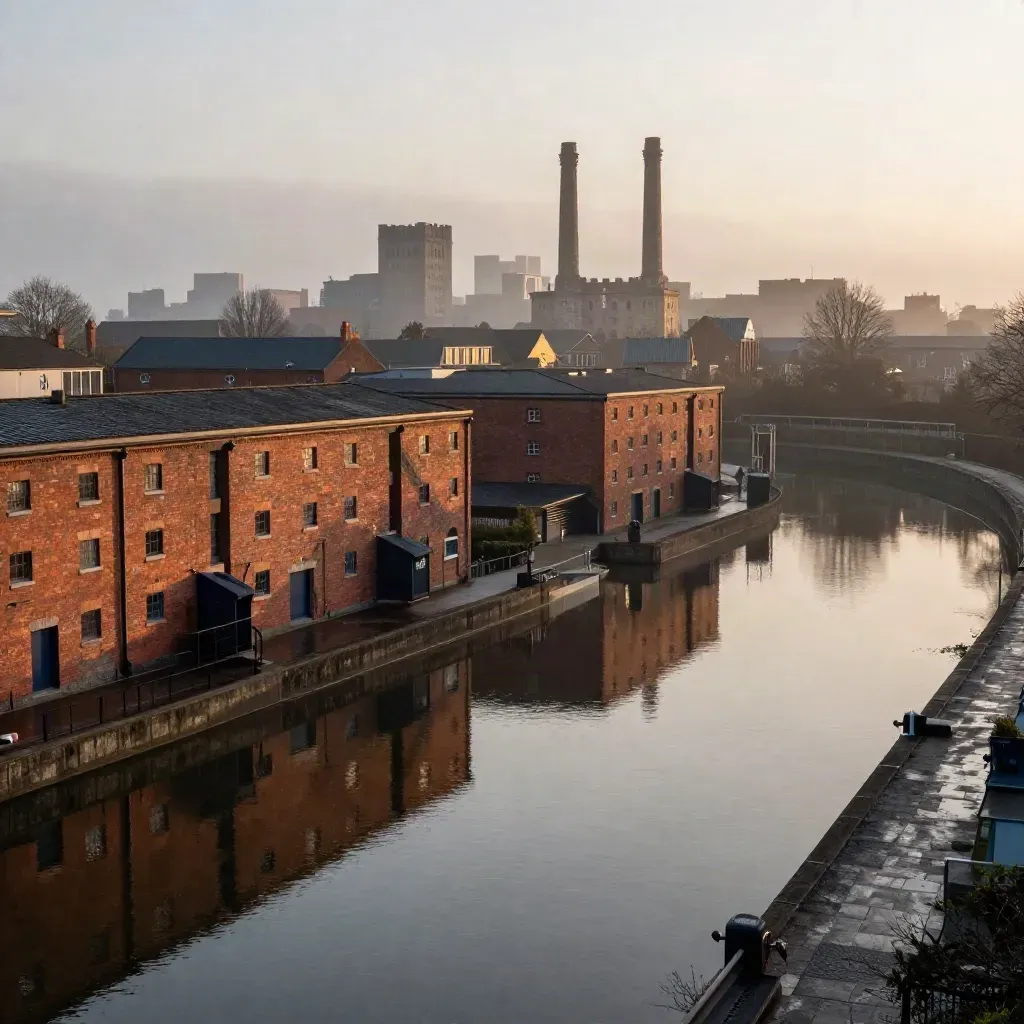 Red-brick canal basin and distant civic skyline over misty water at golden hour.