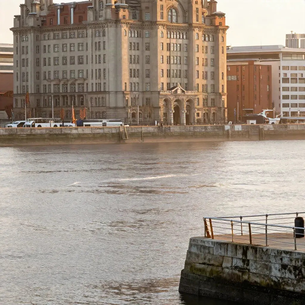 Golden-hour Liverpool waterfront with calm Mersey water and historic facades above haze
