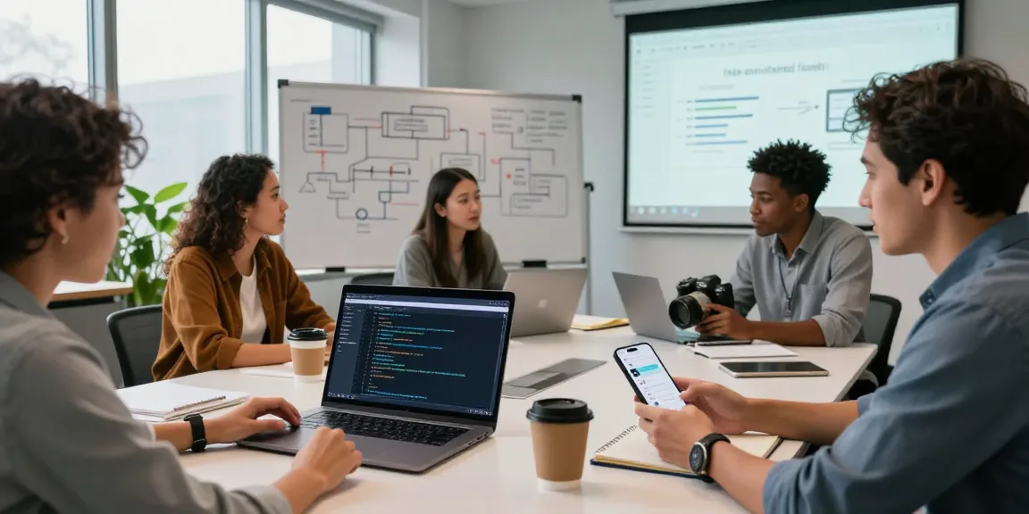 Collaborative teamwork in a modern office building internal tools with AI using laptops and whiteboards.