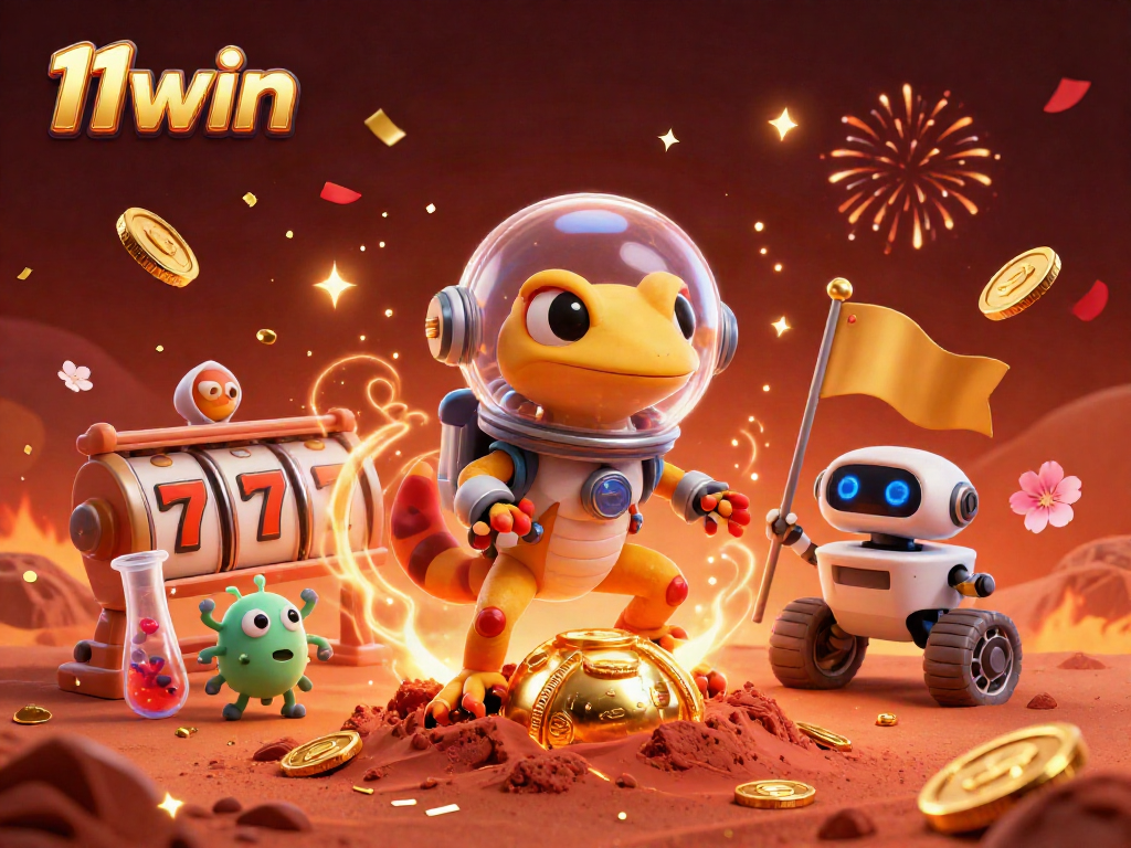 Spin the reels at 11win Casino: A Martian gecko explores a golden gaming oasis on Mars.