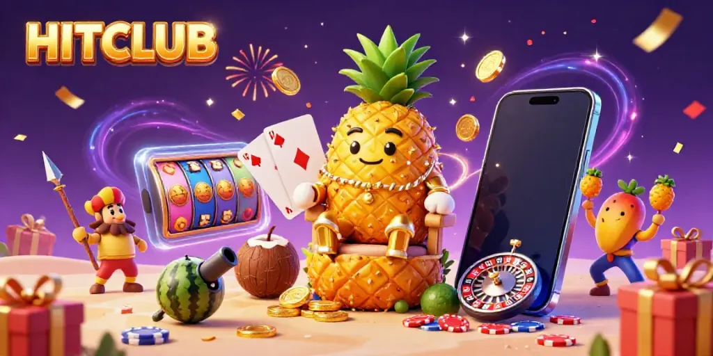 Experience the excitement at HITCLUB with a golden pineapple king and vibrant casino elements.
