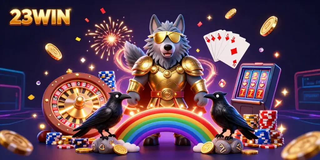 Experience thrilling gameplay with 23WIN's immersive casino scene featuring Odin, ravens, and dynamic gaming elements.